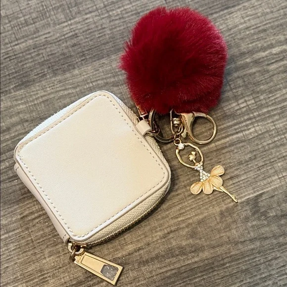 Aldo Cream Zip-Around Card & Key Holder with Burgundy Pom Charm - Picture 3 of 3